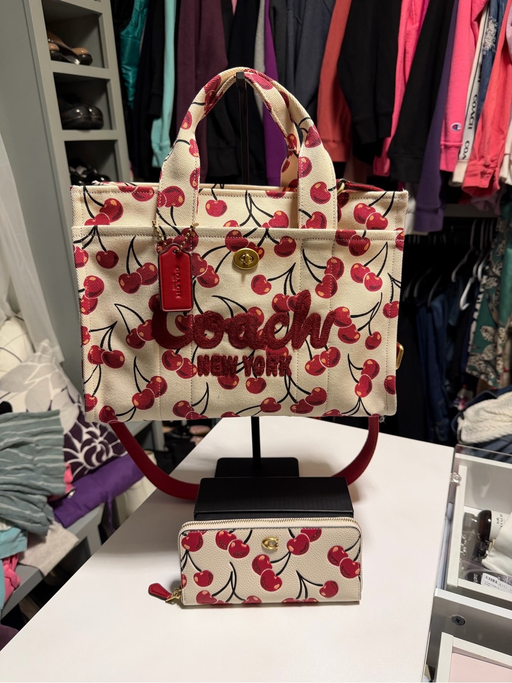 The Set! Coach New York Cherry Print Canvas Tote Bag - Cream/Red